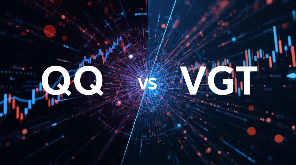 Visual comparison of QQQ and VGT ETFs with tech company logos, illustrating differences in holdings and risk.