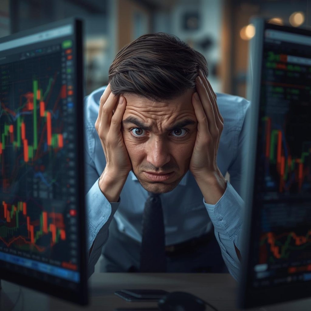 Retail investor looking frustrated at stock charts, representing common investing mistakes and how to avoid them.