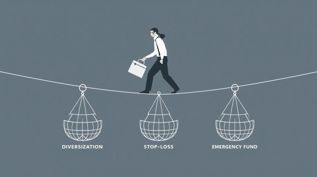 DIY investor balancing risk on a tightrope, symbolizing diversification, stop-loss orders, and emergency funds.
