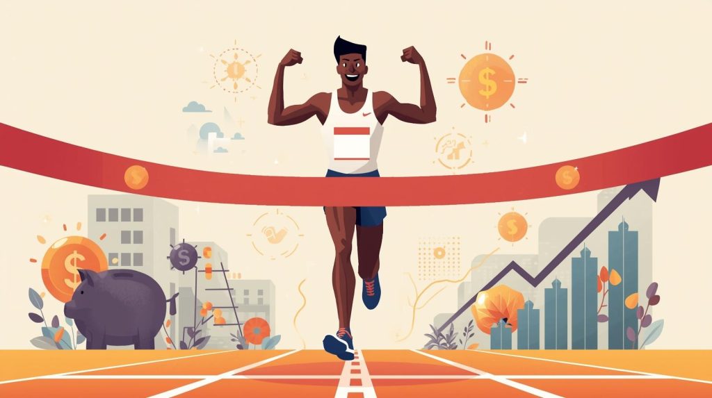 Runner crossing a marathon finish line with financial symbols, representing lessons in money management.