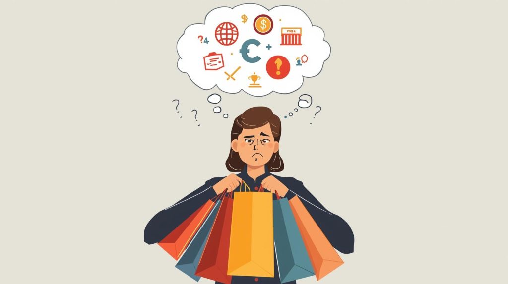 Graphic of a shopper with shopping bags and stress icons, representing the psychology of overspending.