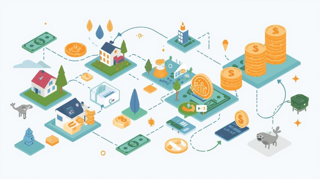 Illustration of real estate, farmland, carbon credits, and digital assets connected by $100 bills, showing affordable access to alternative investments.