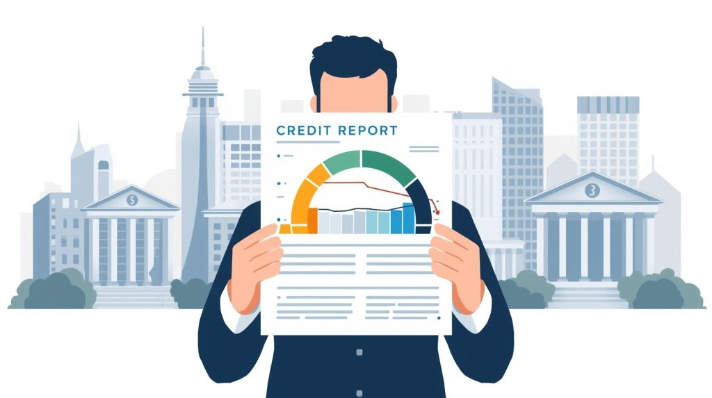 Expat holding a credit score report with an upward gauge, symbolizing building U.S. credit history.