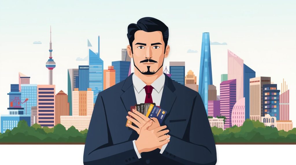 Expat holding U.S. credit cards with a city skyline in the background, symbolizing financial choices for newcomers in 2025