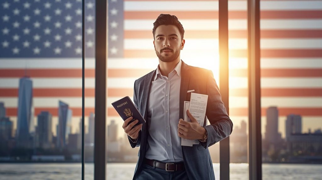 Expat entering a U.S. bank with documents, representing the process of opening a bank account in 2025