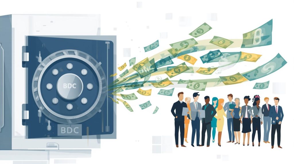 Graphic of a BDC vault distributing dividends to investors, symbolizing private credit access for retail investors.