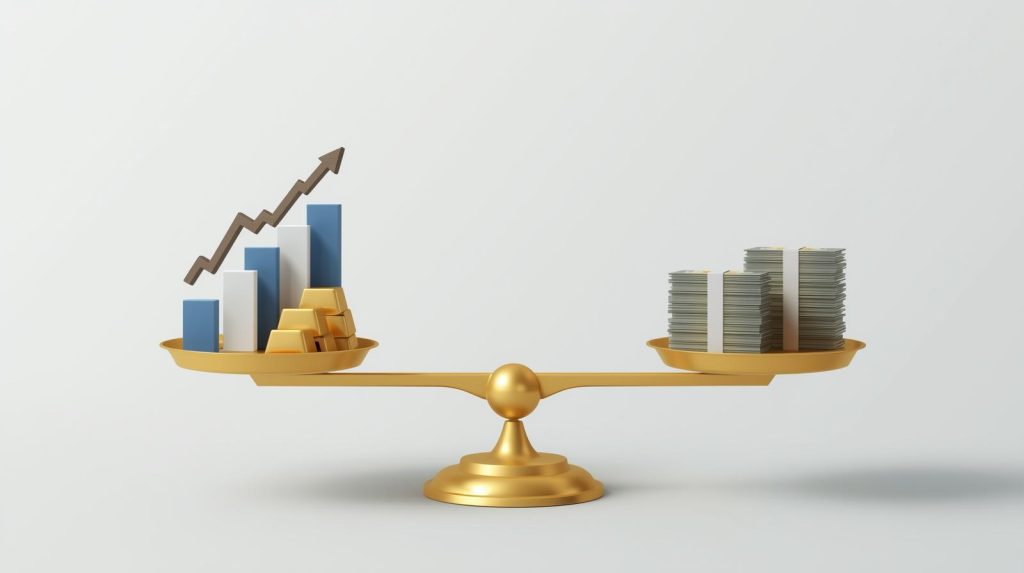 Infographic of a balanced investment scale with stocks, bonds, commodities, and cash, representing an All-Weather Portfolio in 2025
