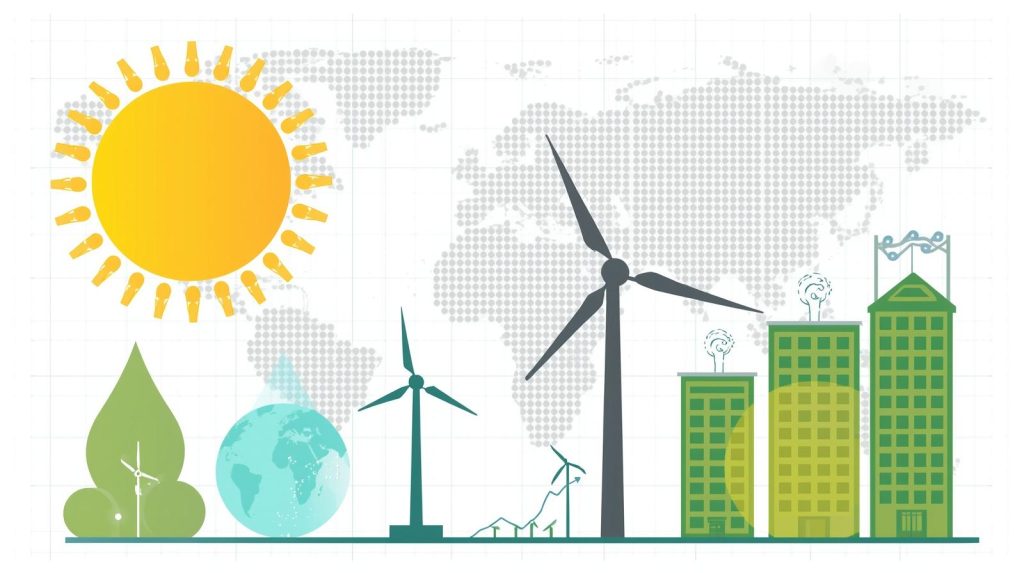 Infographic of global investing trends with renewable energy and sustainability icons representing climate change investing