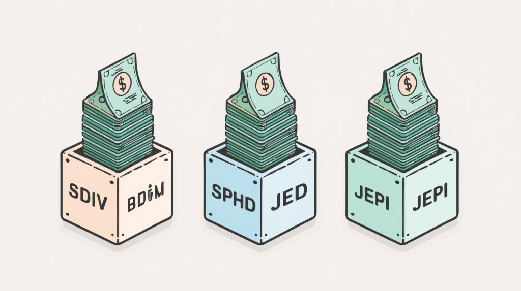 Infographic showing SDIV, SPHD, and JEPI as dividend ETFs producing monthly income for investors.