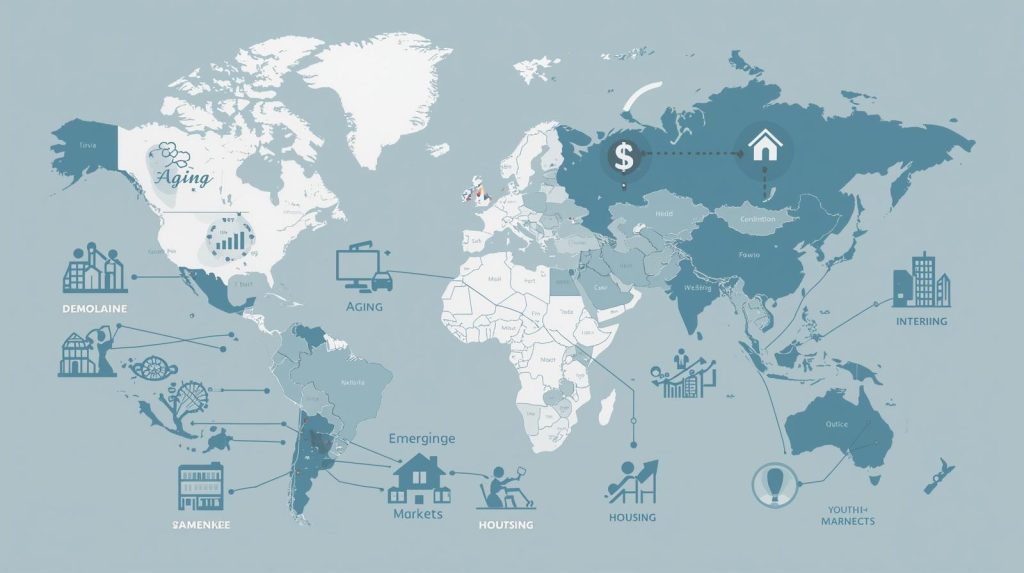 Infographic showing global demographic shifts with icons for healthcare, technology, and real estate investments.