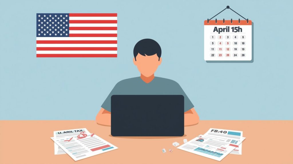 Expat preparing U.S. tax forms with laptop and calendar showing tax deadlines in 2025